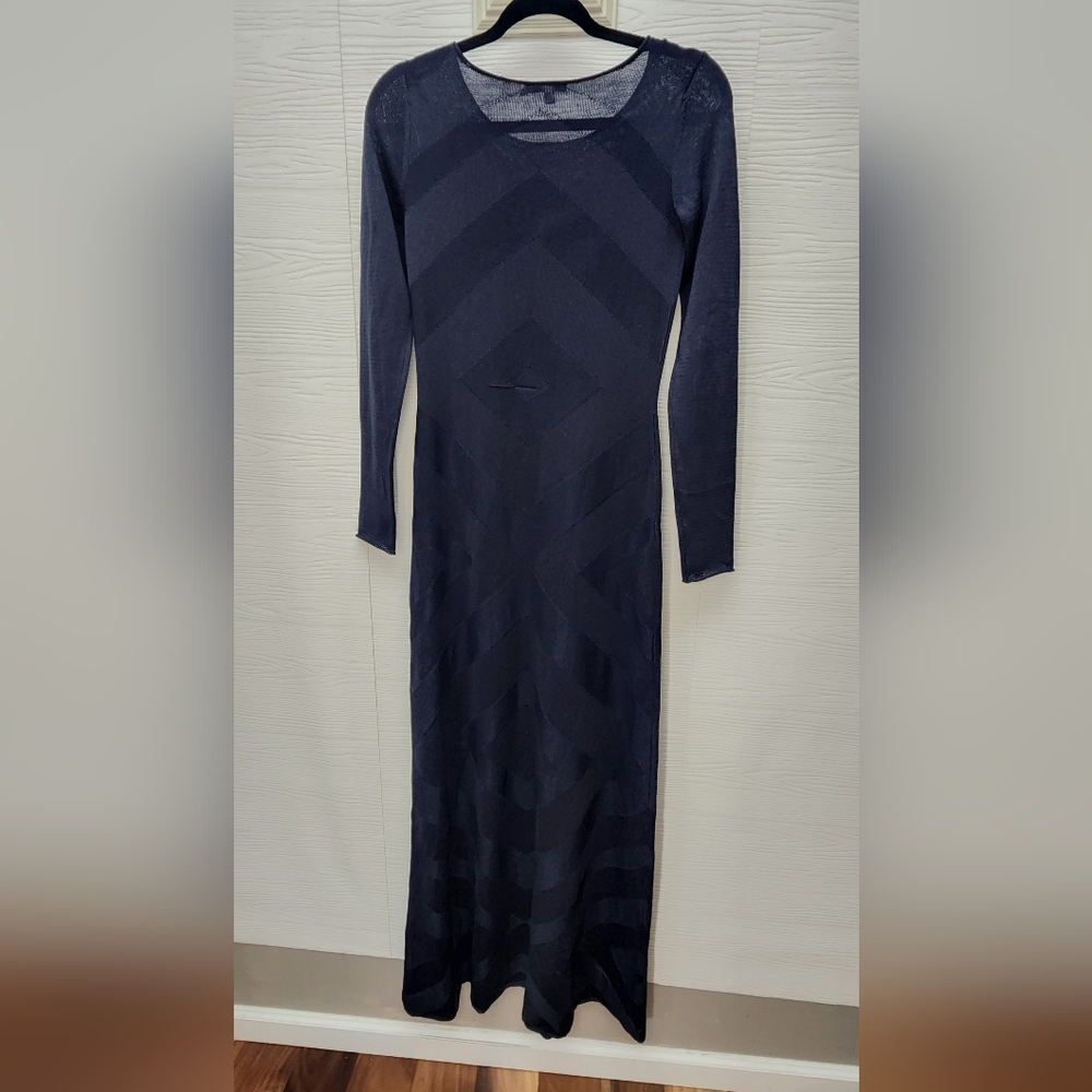 Calypso St Barth Sheer Geo Knit Maxi Dress Navy Blue Sz XS Long Sleeves Textured